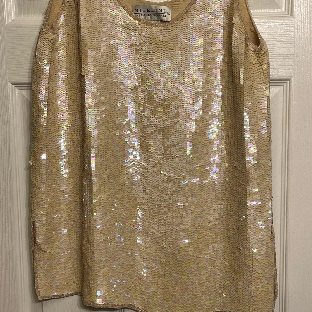 Niteline by Bella Rourfagali size 12-14 Ivory sequin tank AB sequins side slits - Picture 7 of 16